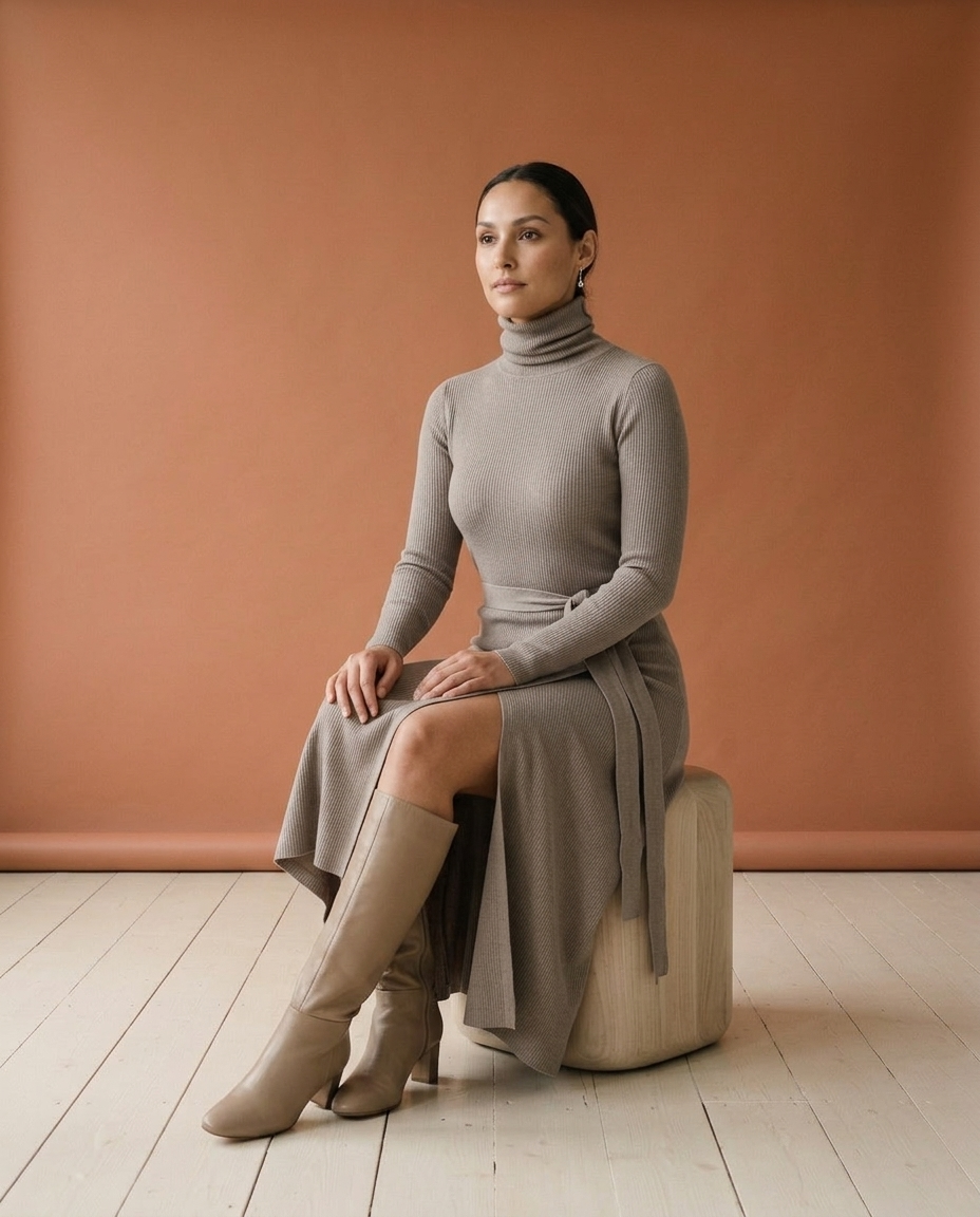 Pipine | Ribbed Turtleneck Slit Midi Dress