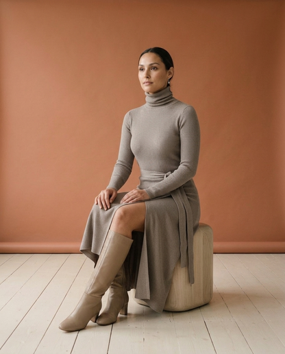 Pipine | Ribbed Turtleneck Slit Midi Dress