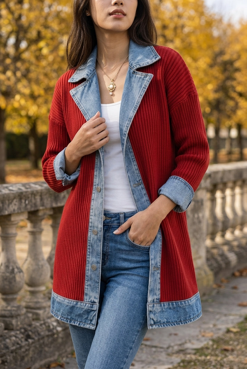 Ettis | Denim-Trim Knit Cardigan Coat