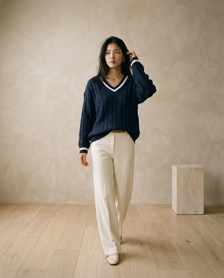 Enlyn | Cable-Knit V-Neck Sweater