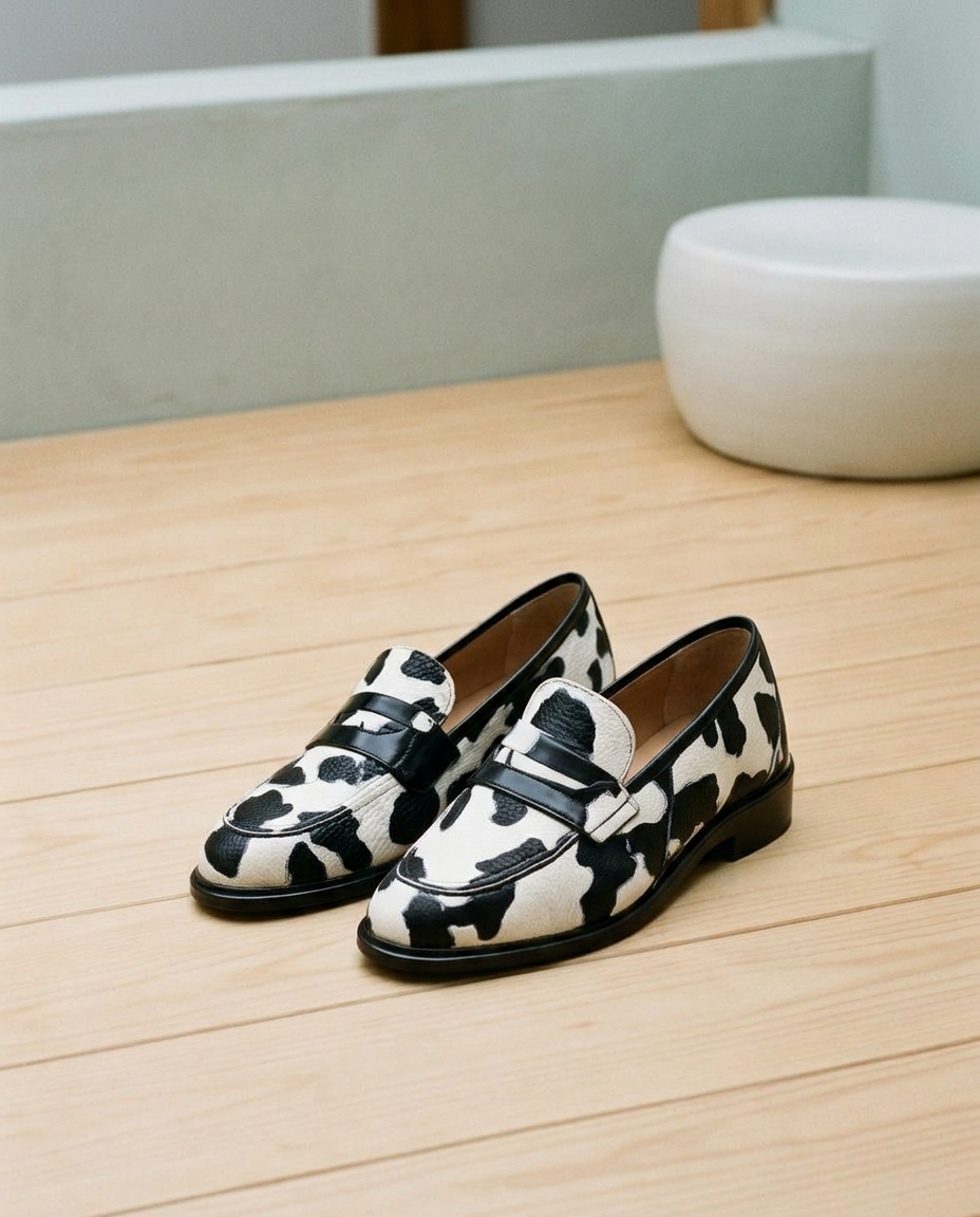Mirine | Cow Print Slip-On Loafers