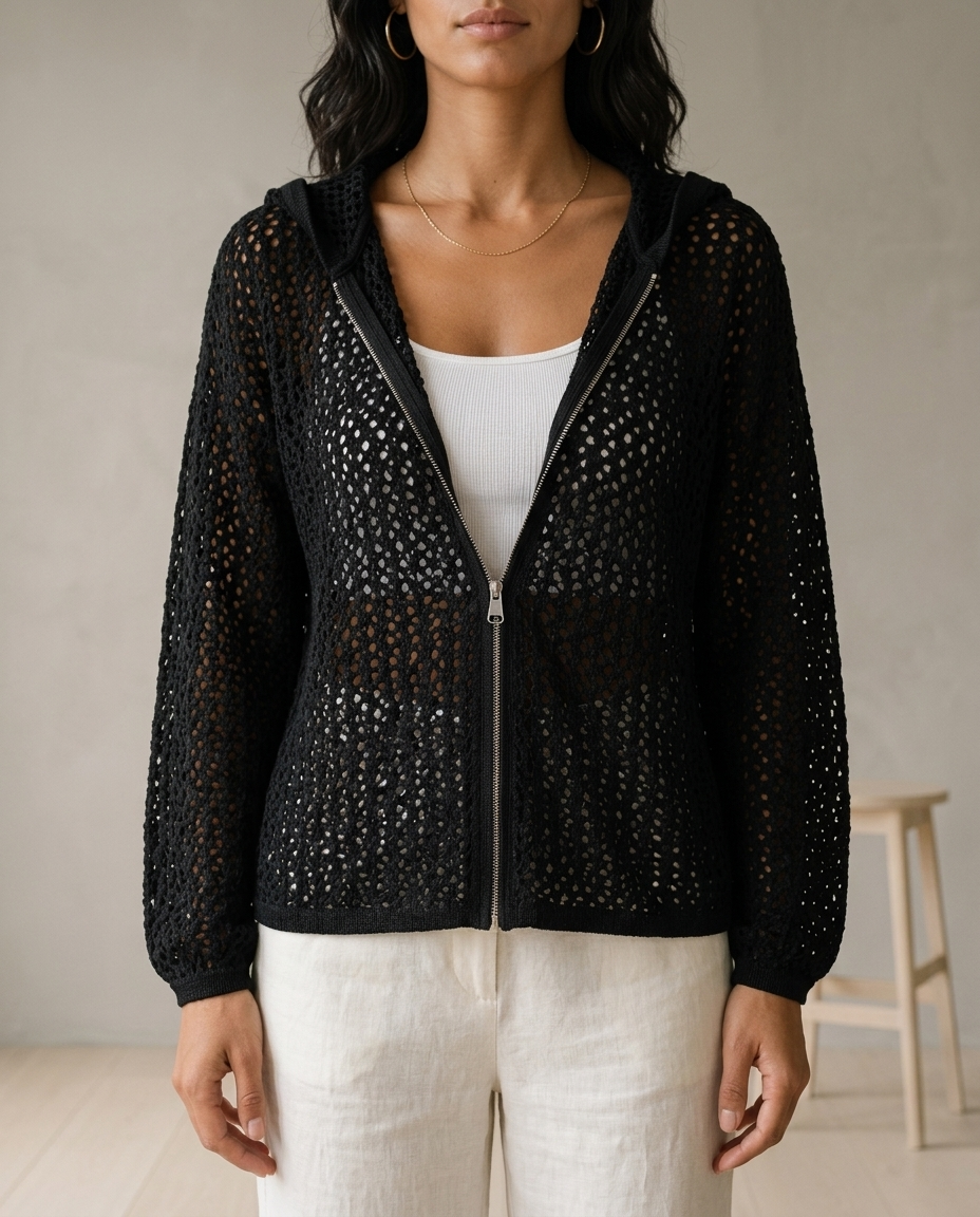 Aidiel | Open-Knit Zip-Up Cardigan
