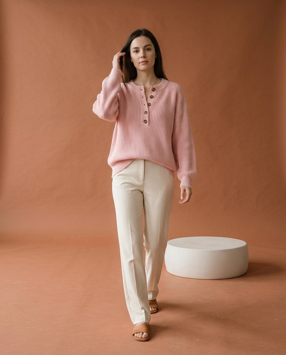 Rosiel | Ribbed Button-Neck Pullover