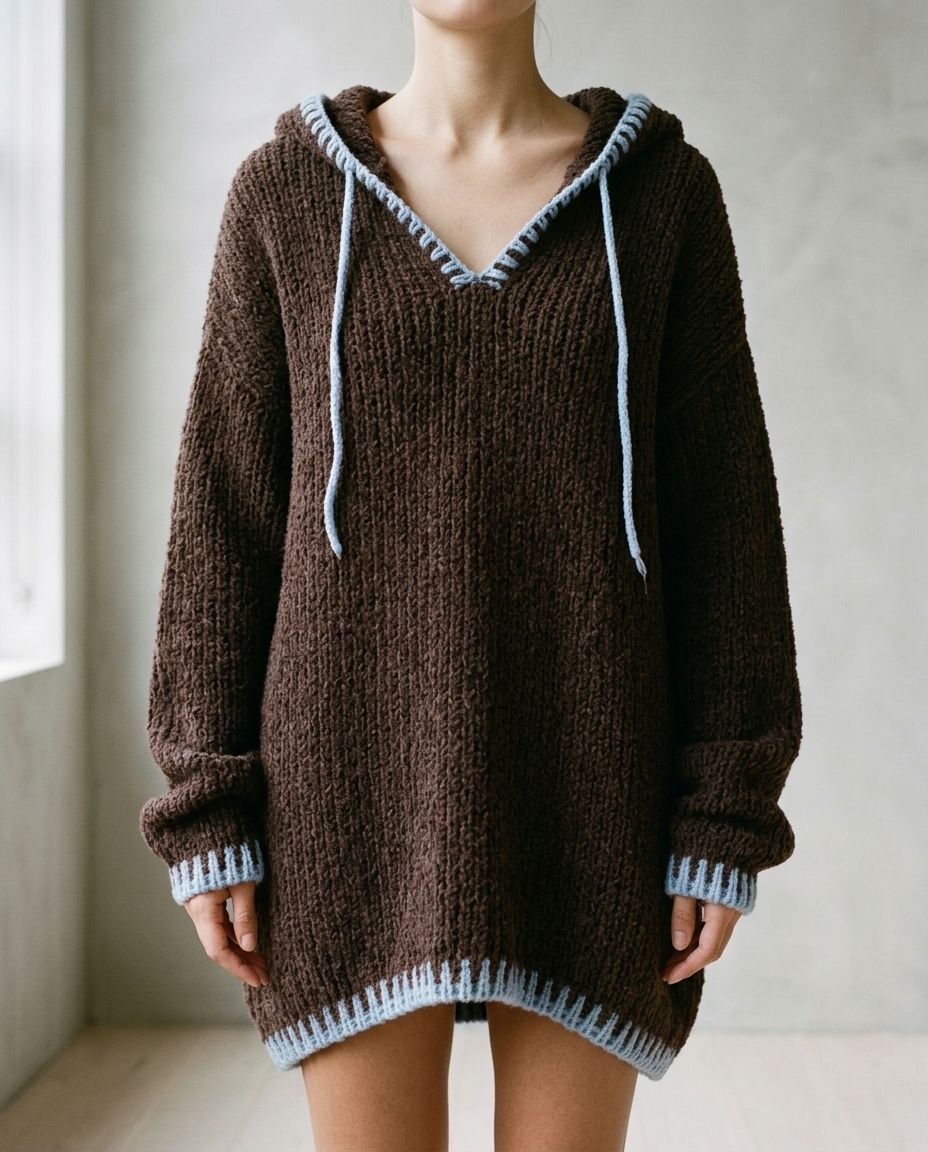 Sinlyn | Hooded Contrast-Trim Sweater Dress