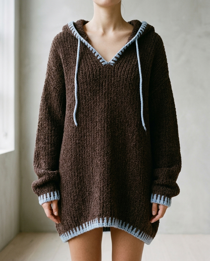 Sinlyn | Hooded Contrast-Trim Sweater Dress