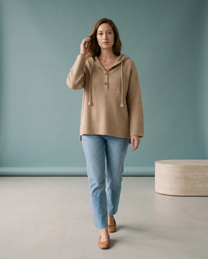 Perla | Ribbed Knit Button-Neck Hoodie