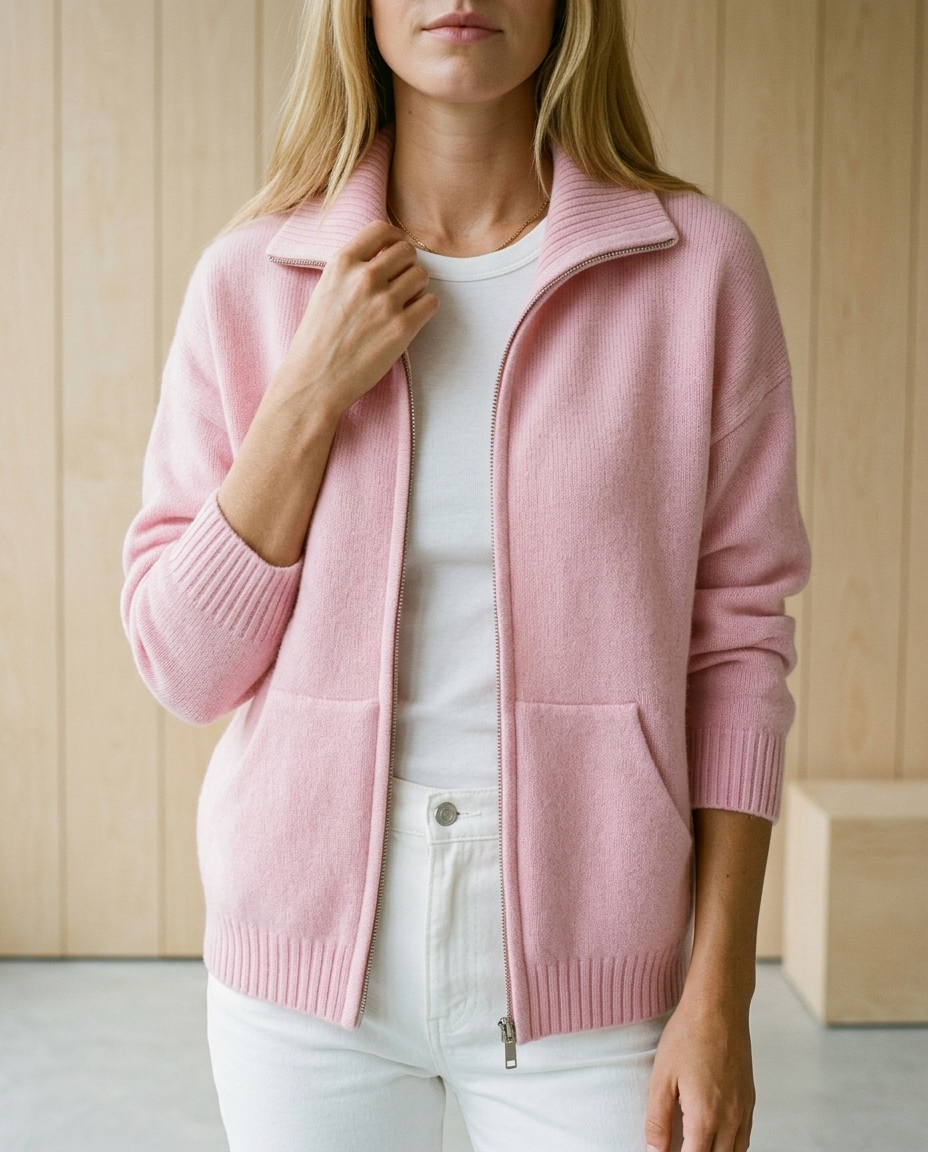 Inesea | Zip-Front Ribbed Collar Cardigan