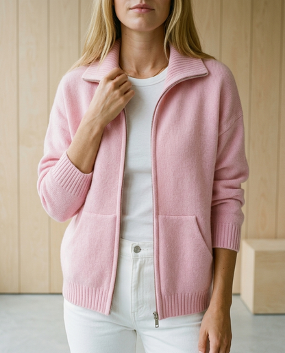 Inesea | Zip-Front Ribbed Collar Cardigan