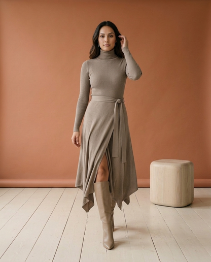 Pipine | Ribbed Turtleneck Slit Midi Dress