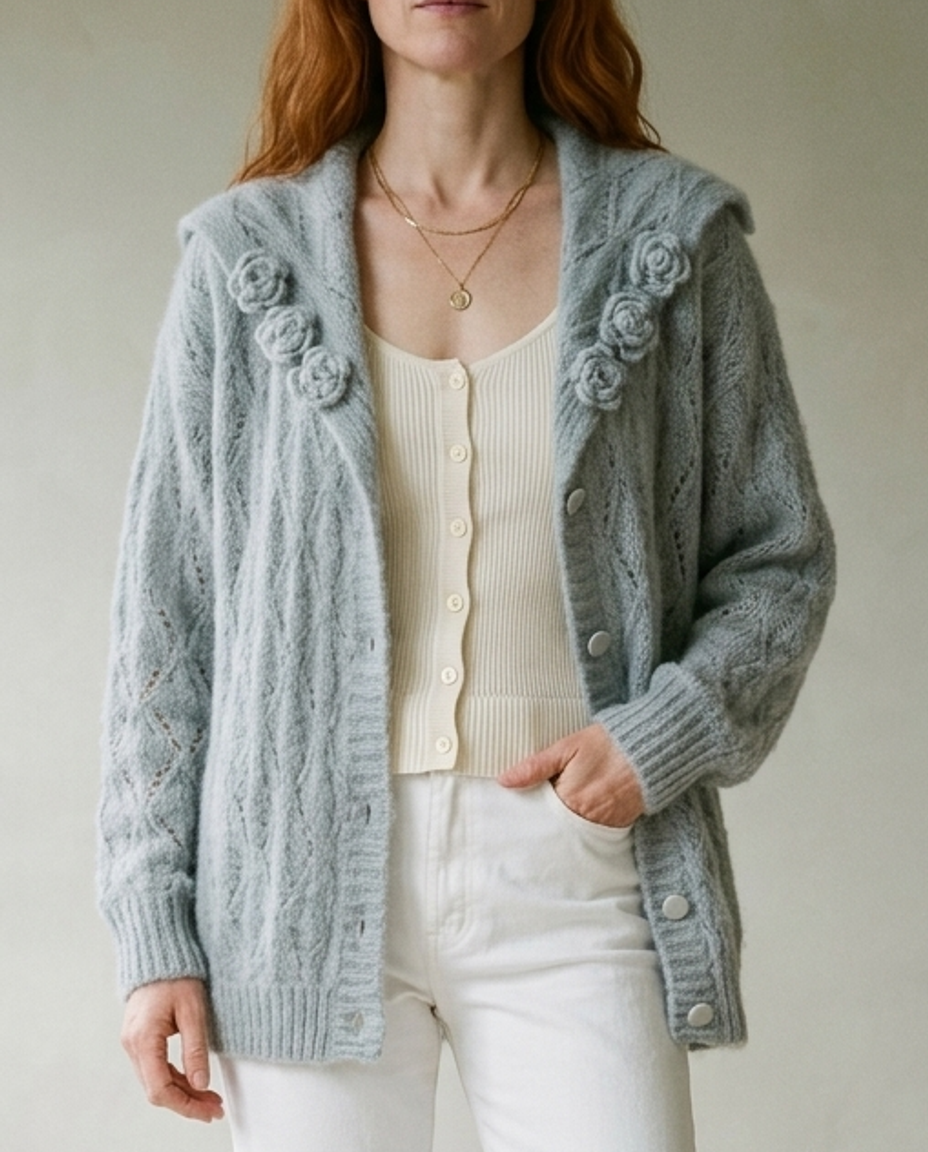 Sunnis | Floral Lapel Cable Knit Cardigan