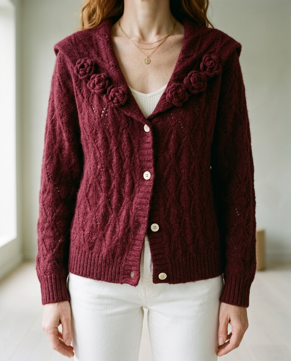 Sunnis | Floral Lapel Cable Knit Cardigan