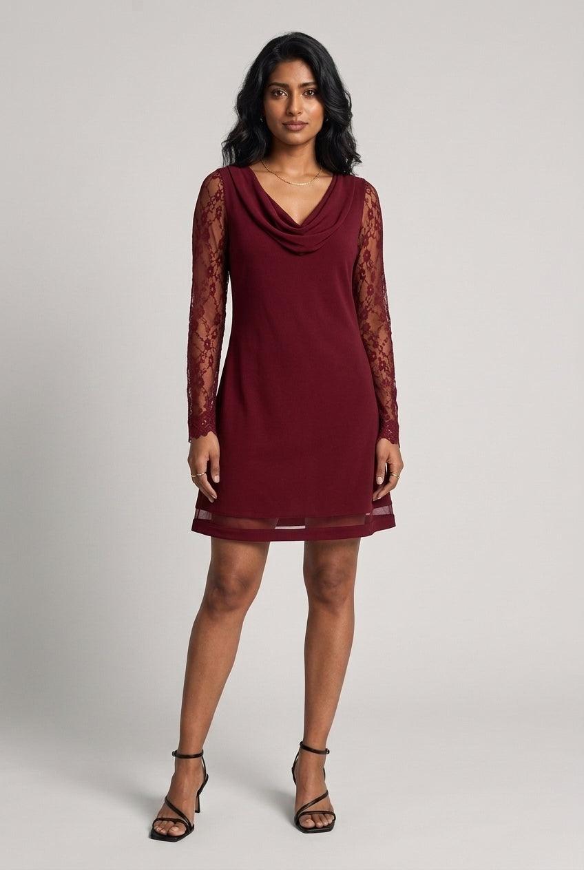 Elenya | Cowl Neck Lace-Sleeve A-Line Dress