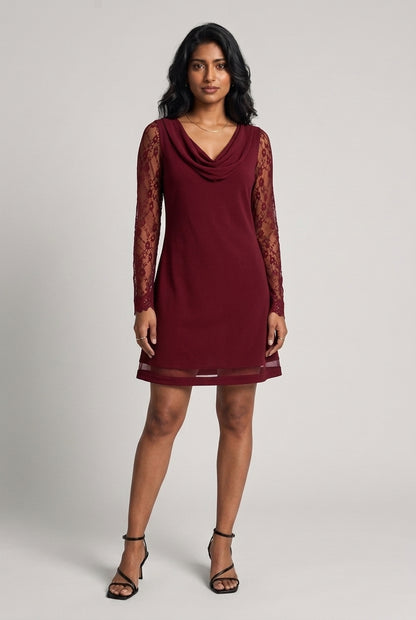 Elenya | Cowl Neck Lace-Sleeve A-Line Dress