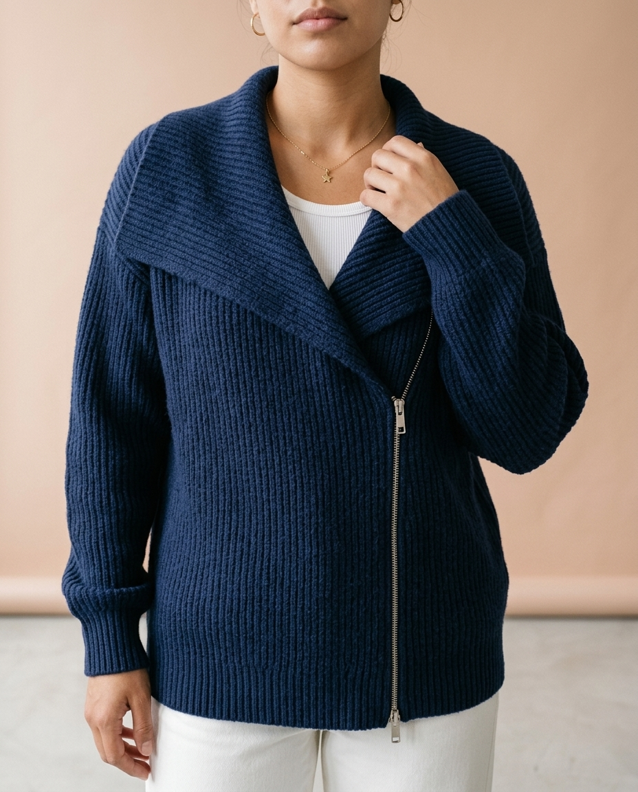Ronis | Diagonal Zip Ribbed Knit Cardigan