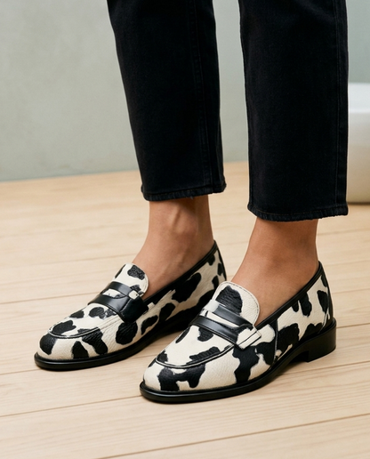 Mirine | Cow Print Slip-On Loafers