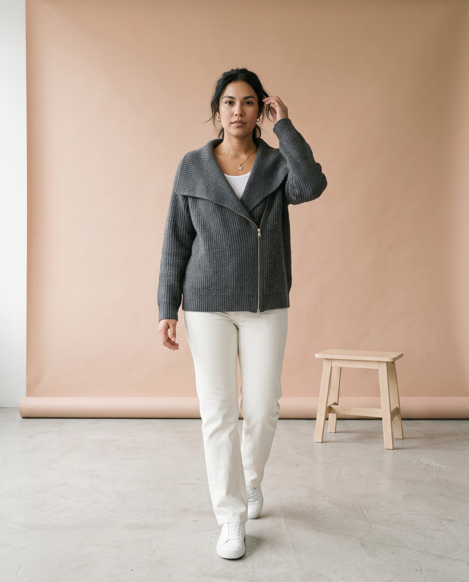 Ronis | Diagonal Zip Ribbed Knit Cardigan