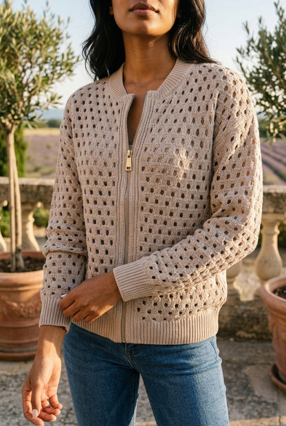 Rhlyn | Openwork Zip-Up Cardigan
