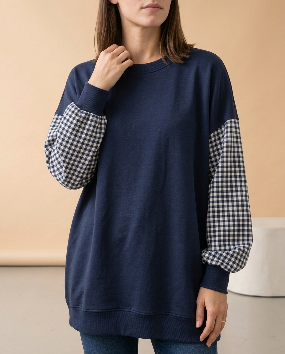 Lariel | Plaid Patchwork Crew Neck Top