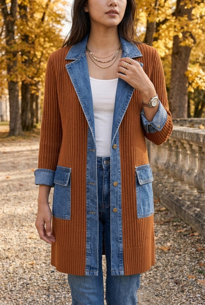Ettis | Denim-Trim Knit Cardigan Coat