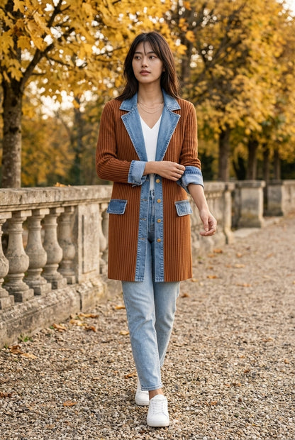 Ettis | Denim-Trim Knit Cardigan Coat