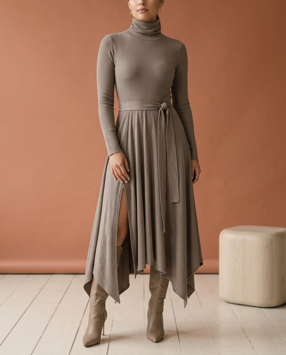 Pipine | Ribbed Turtleneck Slit Midi Dress