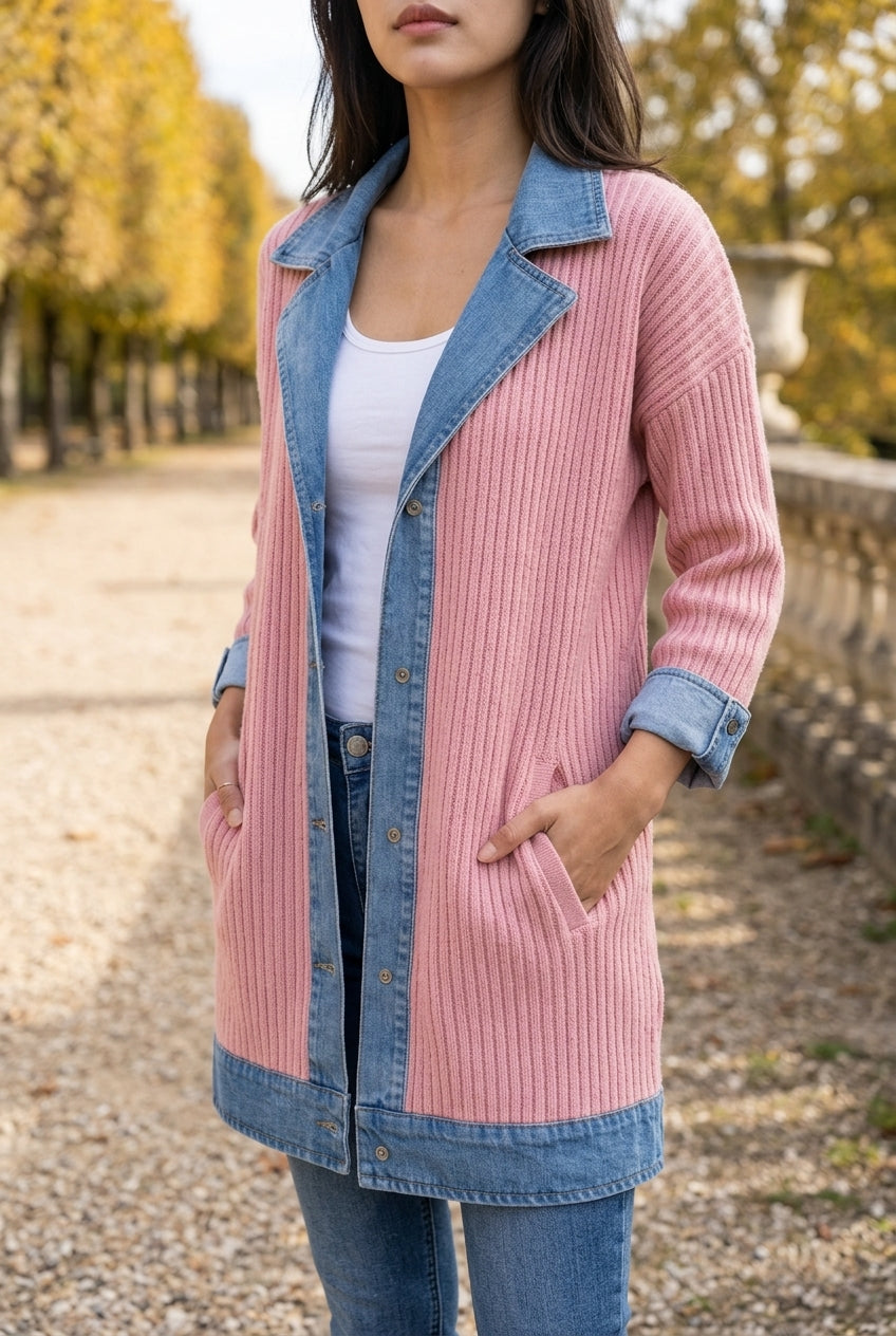 Ettis | Denim-Trim Knit Cardigan Coat