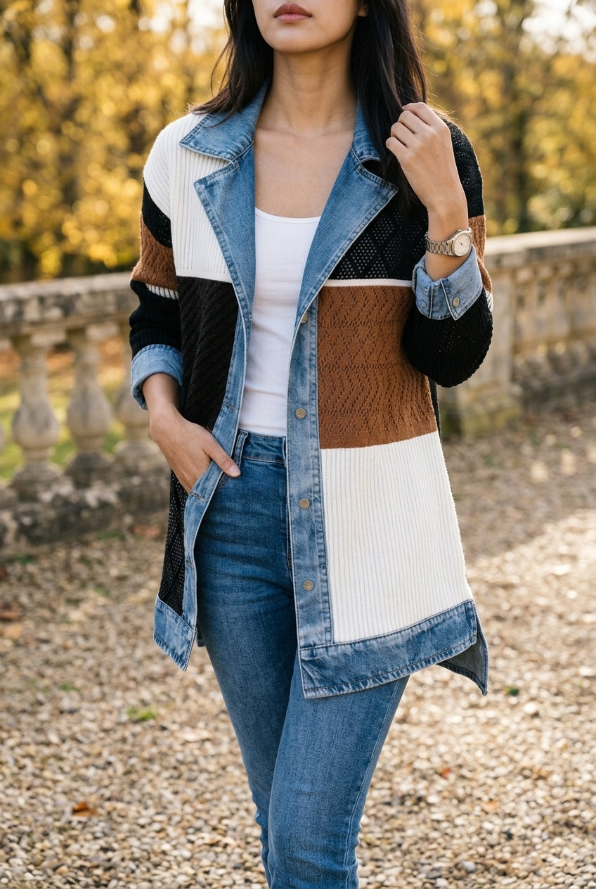 Ettis | Denim-Trim Knit Cardigan Coat