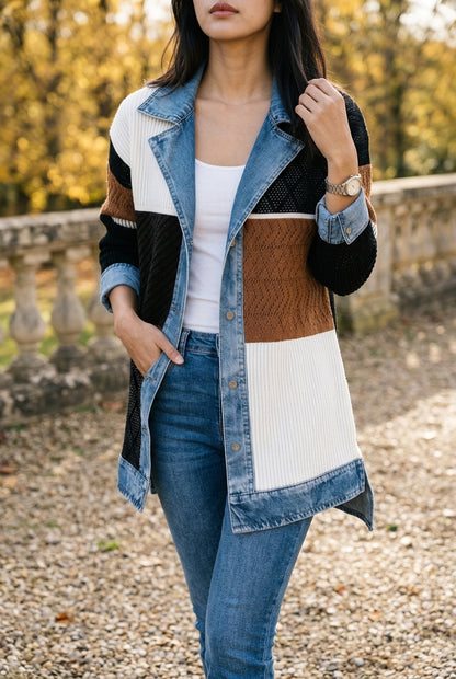 Ettis | Denim-Trim Knit Cardigan Coat