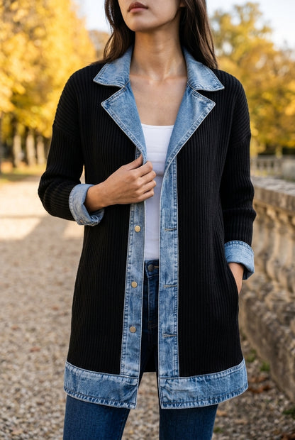 Ettis | Denim-Trim Knit Cardigan Coat