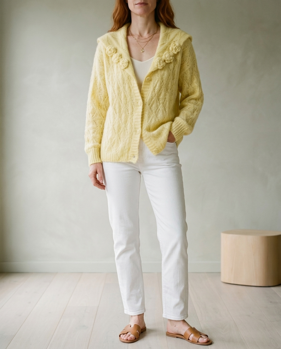 Sunnis | Floral Lapel Cable Knit Cardigan