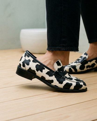 Mirine | Cow Print Slip-On Loafers