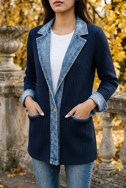 Ettis | Denim-Trim Knit Cardigan Coat