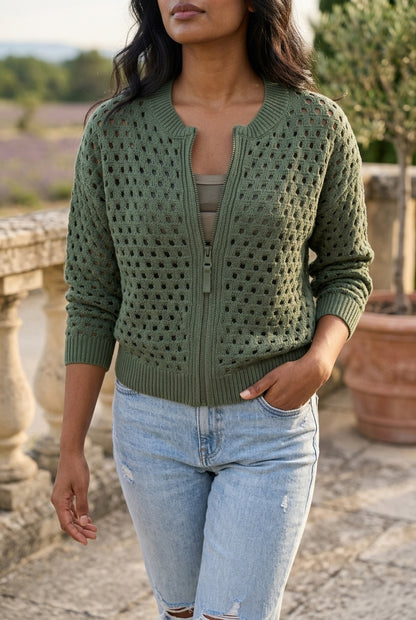 Rhlyn | Openwork Zip-Up Cardigan
