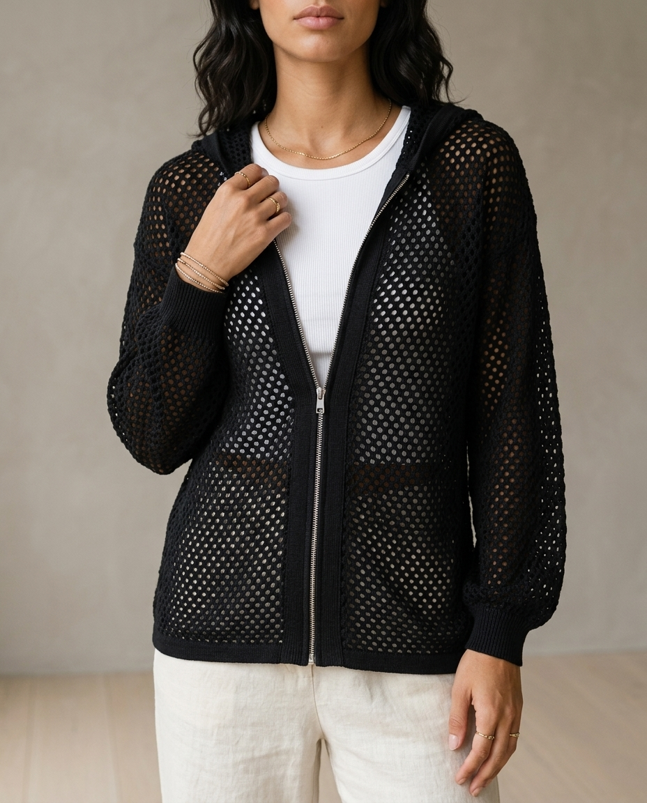 Aidiel | Open-Knit Zip-Up Cardigan