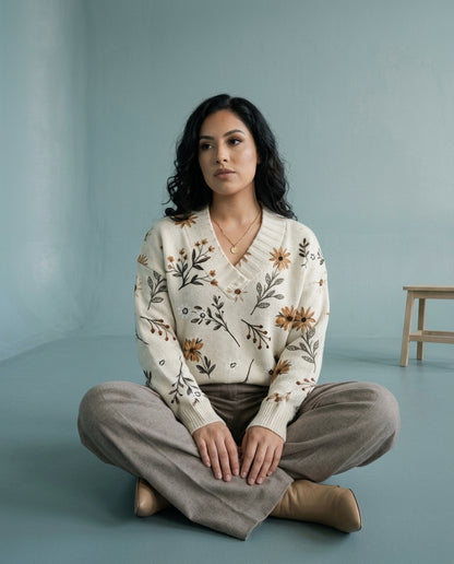 Ettia | Botanical Print V-Neck Sweater