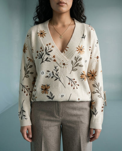 Ettia | Botanical Print V-Neck Sweater