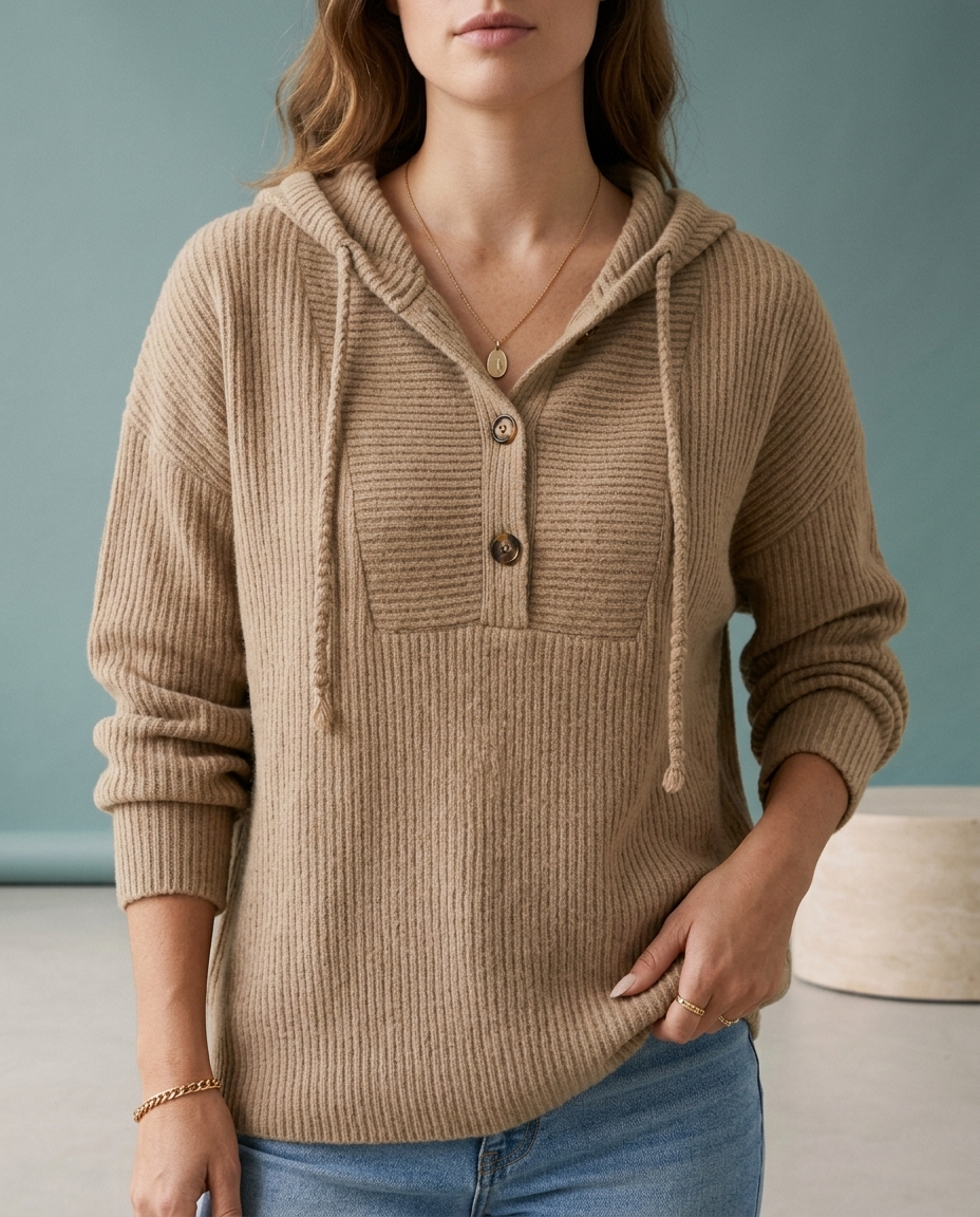 Perla | Ribbed Knit Button-Neck Hoodie