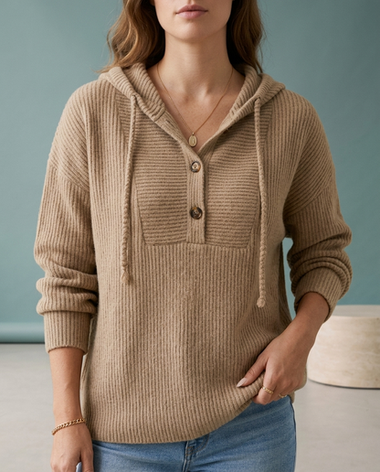 Perla | Ribbed Knit Button-Neck Hoodie