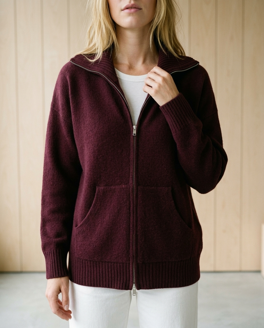 Inesea | Zip-Front Ribbed Collar Cardigan