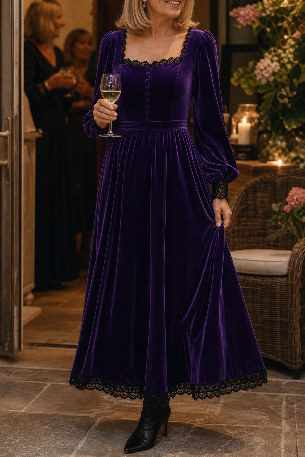 Divis | Velvet-Look Square Neck Midi Dress