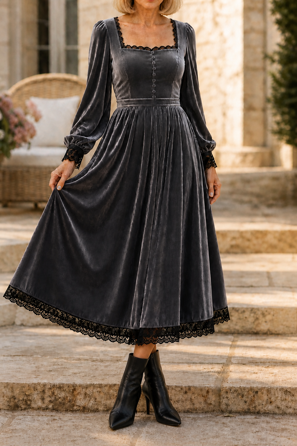 Divis | Velvet-Look Square Neck Midi Dress