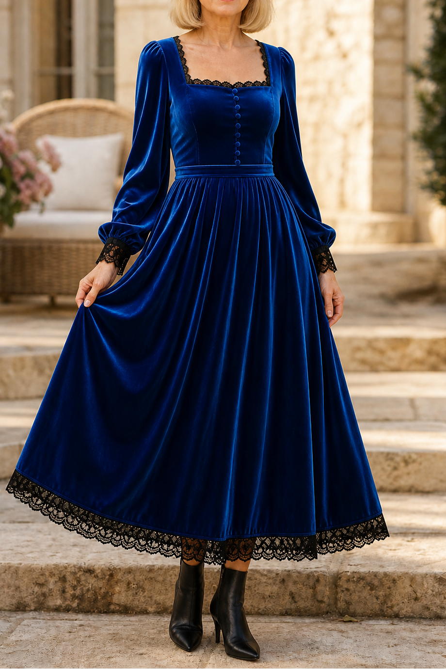 Divis | Velvet-Look Square Neck Midi Dress