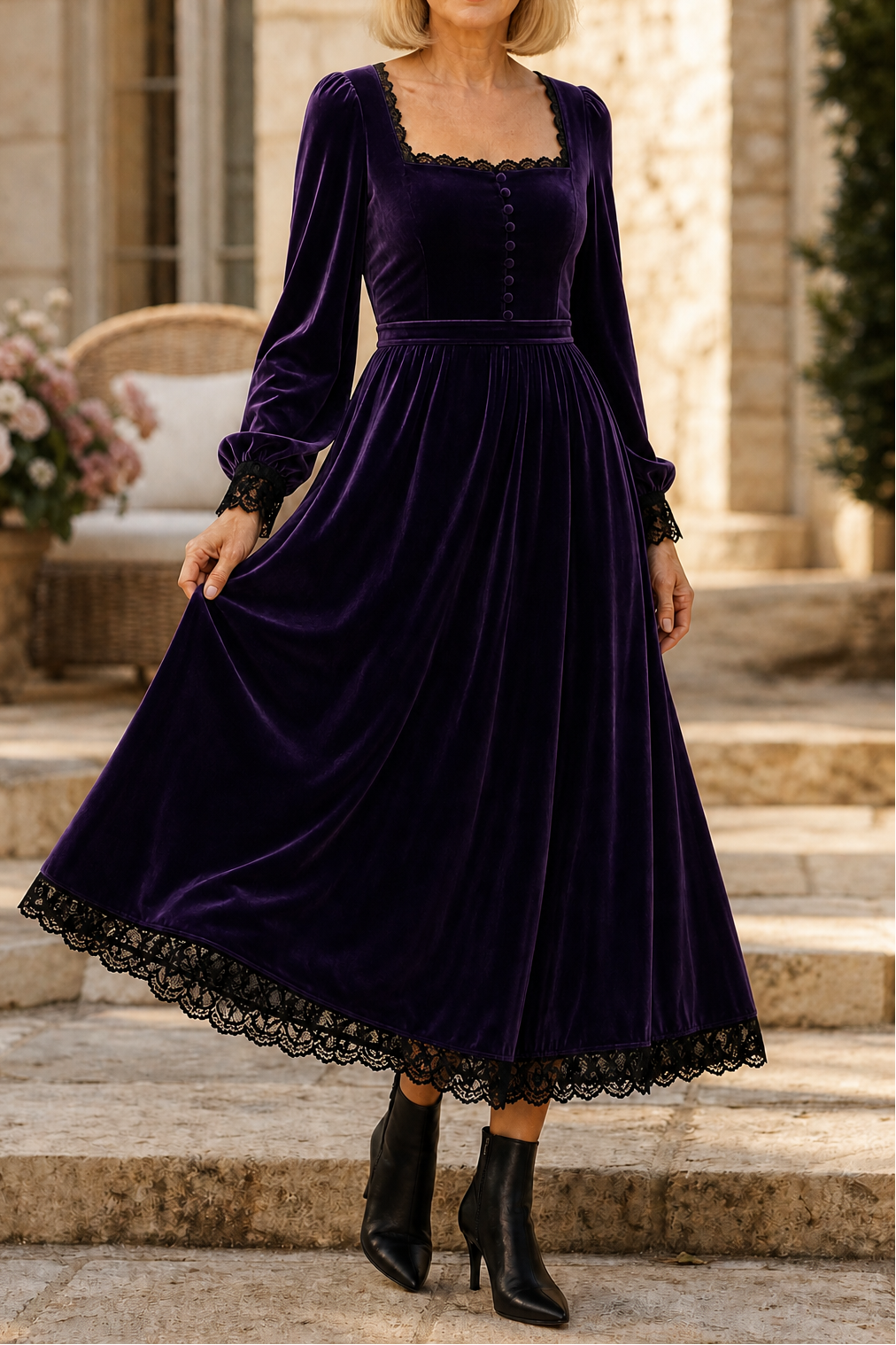 Divis | Velvet-Look Square Neck Midi Dress