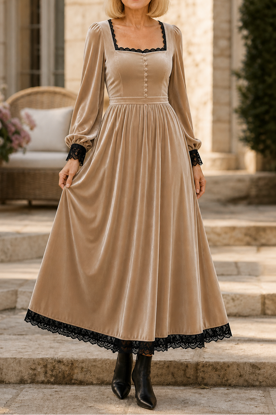 Divis | Velvet-Look Square Neck Midi Dress